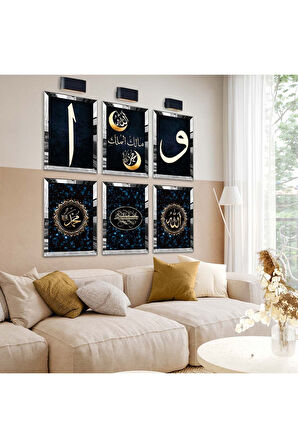 Gümüş Aynalı Pleksi Çerçeveli Mavi Besmele Ve Elif Vav Dini Model Altılı Mdf Tablo Seti