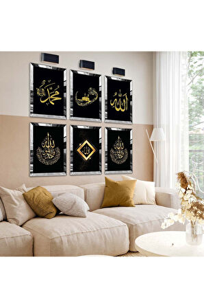 Gümüş Aynalı Pleksi Çerçeveli Kabe Ve Allah Lafzı Dini Model Altılı Mdf Tablo Seti