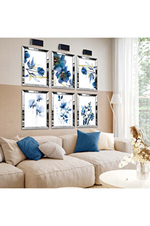 Gümüş Aynalı Pleksi Çerçeveli Mavi Çiçek Tema Altılı Mdf Tablo Seti