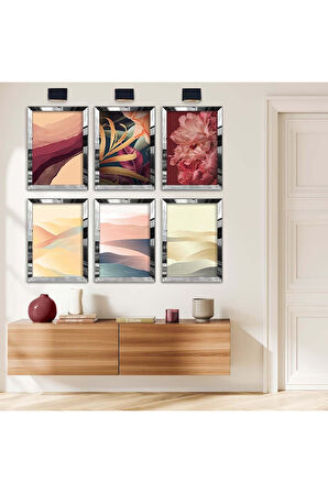 Gold Aynalı Pleksi Çerçeveli Modern Çizim Soft Tema Altılı Mdf Tablo Seti