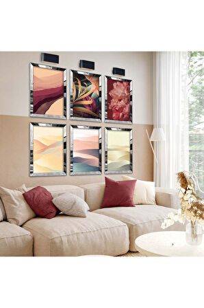 Gold Aynalı Pleksi Çerçeveli Modern Çizim Soft Tema Altılı Mdf Tablo Seti