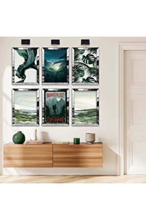 Gold Aynalı Pleksi Çerçeveli Seyahat Ve Doğa Altılı Mdf Tablo Seti