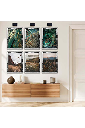 Gold Aynalı Pleksi Çerçeveli Kuş Tüyü Ve Doğa Altılı Mdf Tablo Seti