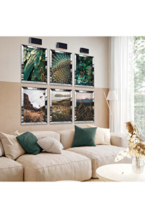 Gold Aynalı Pleksi Çerçeveli Kuş Tüyü Ve Doğa Altılı Mdf Tablo Seti