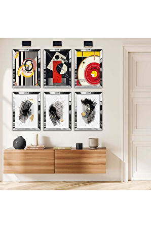 Gold Aynalı Pleksi Çerçeveli Geometrik Çizim Ve Soyut Tema Altılı Mdf Tablo Seti