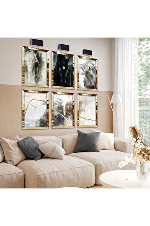 Gümüş Aynalı Pleksi Çerçeveli Siyah Beyaz At Tema Altılı Mdf Tablo Seti