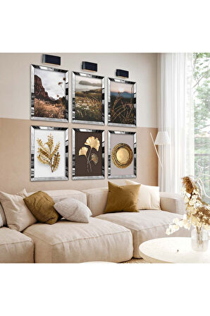 Gold Aynalı Pleksi Çerçeveli Doğa Tema Ve Gold Çiçek Altılı Mdf Tablo Seti