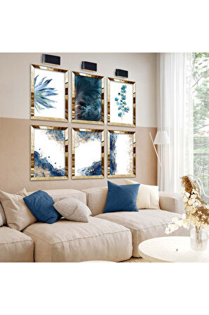 Gold Aynalı Pleksi Çerçeveli Mavi Çiçekler Altılı Mdf Tablo Seti