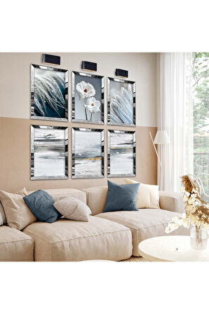 Gümüş Aynalı Pleksi Çerçeveli Beyaz Tüy Ve Beyaz Çiçek Altılı Mdf Tablo Seti