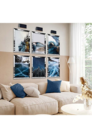 Gold Aynalı Pleksi Çerçeveli Doğa Manzara Ve Mavi Tema Altılı Mdf Tablo Seti