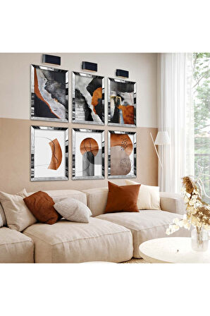 Gümüş Aynalı Pleksi Çerçeveli Soyut Çizim Ve Geometrik Desenli Altılı Mdf Tablo Seti