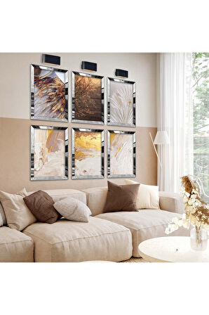 Gümüş Aynalı Pleksi Çerçeveli Kuru Yapraklar Altılı Mdf Tablo Seti