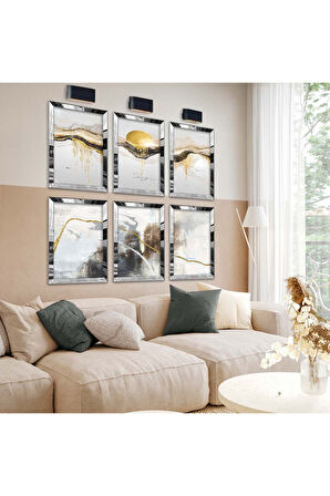 Gümüş Aynalı Pleksi Çerçeveli Kolaj Çizim Altılı Mdf Tablo Seti