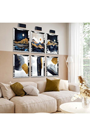 Gümüş Aynalı Pleksi Çerçeveli Kolaj Çizim Ve Gece Tema Altılı Mdf Tablo Seti