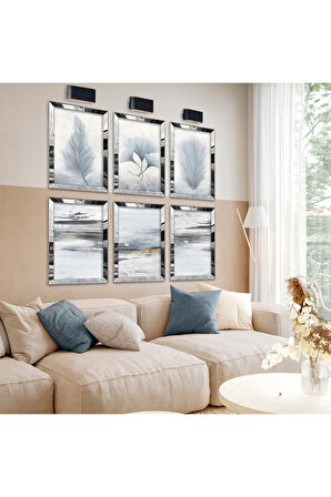 Gümüş Aynalı Pleksi Çerçeveli Beyaz Tüy Ve Çiçek Altılı Mdf Tablo Seti