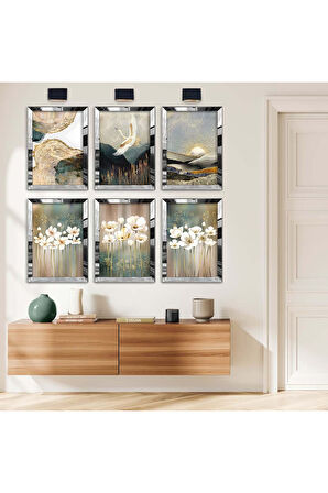 Gold Aynalı Pleksi Çerçeveli Beyaz Çiçekler Ve Kuş Figürü Altılı Mdf Tablo Seti