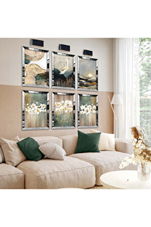 Gold Aynalı Pleksi Çerçeveli Beyaz Çiçekler Ve Kuş Figürü Altılı Mdf Tablo Seti