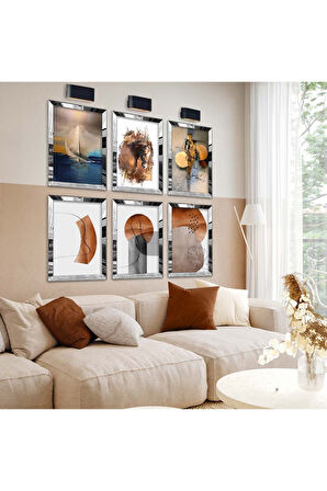 Gümüş Aynalı Pleksi Çerçeveli Modern Çizim Ve Geometrik Desen Altılı Mdf Tablo Seti