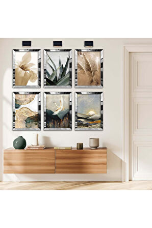 Gold Aynalı Pleksi Çerçeveli Kuş Ve Yaprak Figürlü Altılı Mdf Tablo Seti