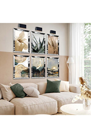 Gold Aynalı Pleksi Çerçeveli Kuş Ve Yaprak Figürlü Altılı Mdf Tablo Seti