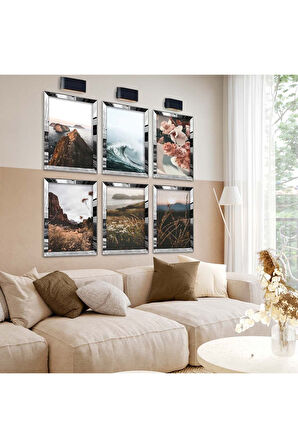 Gümüş Aynalı Pleksi Çerçeveli Doğa Manzaralı Altılı Mdf Tablo Seti
