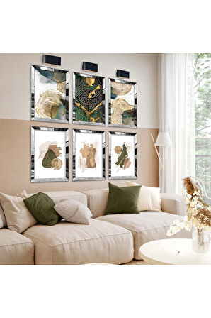 Gold Aynalı Pleksi Çerçeveli Soyut Tema Modern Çizim Altılı Mdf Tablo Seti