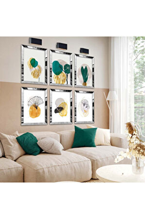 Gold Aynalı Pleksi Çerçeveli Kolaj Çizim Çiçek Tema Altılı Mdf Tablo Seti