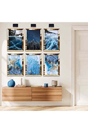 Gümüş Aynalı Pleksi Çerçeveli Doğa Ve Mavi Tema Altılı Mdf Tablo Seti