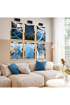 Gümüş Aynalı Pleksi Çerçeveli Doğa Ve Mavi Tema Altılı Mdf Tablo Seti