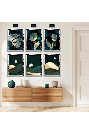 Gold Aynalı Pleksi Çerçeveli Kolaj Çizim Ve Çiçek Desen Altılı Mdf Tablo Seti