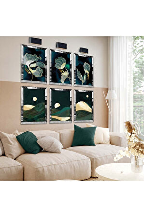 Gold Aynalı Pleksi Çerçeveli Kolaj Çizim Ve Çiçek Desen Altılı Mdf Tablo Seti