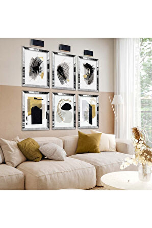 Gold Aynalı Pleksi Çerçeveli Modern Çizim Ve Soyut Tema Altılı Mdf Tablo Seti