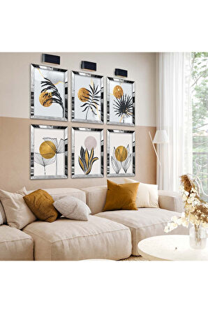 Gümüş Aynalı Pleksi Çerçeveli Modern Çizim Çiçek Ve Yaprak Desen Altılı Mdf Tablo Seti