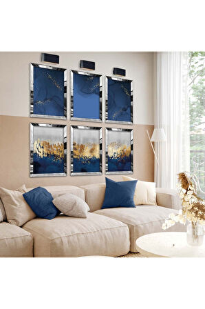 Gümüş Aynalı Pleksi Çerçeveli Kolaj Çizim Mavi Tema Altılı Mdf Tablo Seti