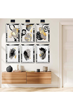 Gold Aynalı Pleksi Çerçeveli Kolaj Çizim Modern Tema Altılı Mdf Tablo Seti