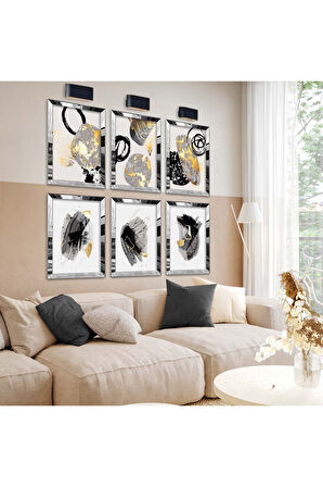 Gold Aynalı Pleksi Çerçeveli Kolaj Çizim Modern Tema Altılı Mdf Tablo Seti