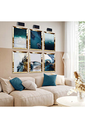 Gold Aynalı Pleksi Çerçeveli Deniz Ve Dalga Tema Altılı Mdf Tablo Seti