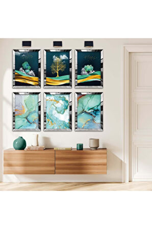 Gold Aynalı Pleksi Çerçeveli Kolaj Çizim Doğa Figür Ve Turkuaz Tema Altılı Mdf Tablo Seti