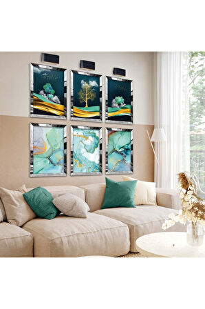 Gold Aynalı Pleksi Çerçeveli Kolaj Çizim Doğa Figür Ve Turkuaz Tema Altılı Mdf Tablo Seti