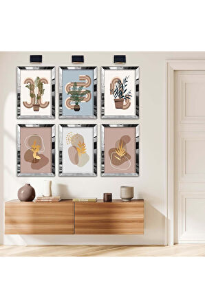 Gold Aynalı Pleksi Çerçeveli Modern Çizim Bitki Altılı Mdf Tablo Seti