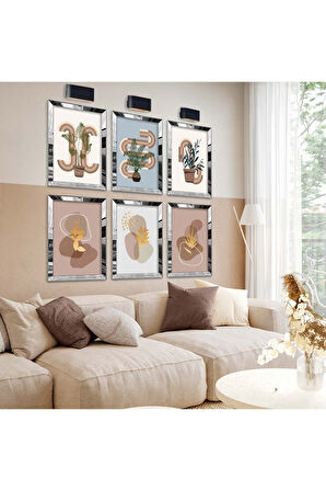 Gold Aynalı Pleksi Çerçeveli Modern Çizim Bitki Altılı Mdf Tablo Seti