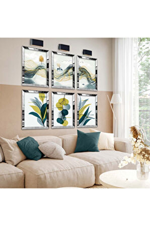 Gold Aynalı Pleksi Çerçeveli Modern Çizim Doğa Tema Altılı Mdf Tablo Seti