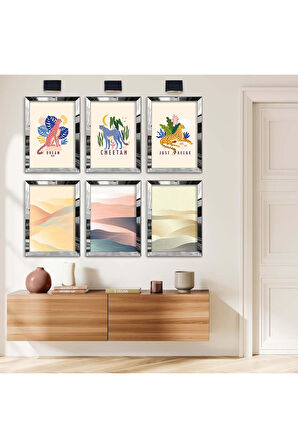 Gold Aynalı Pleksi Çerçeveli Hayvan Figür Altılı Mdf Tablo Seti