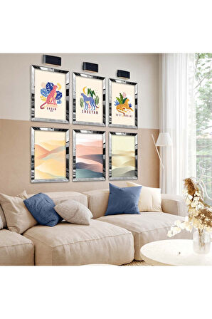 Gold Aynalı Pleksi Çerçeveli Hayvan Figür Altılı Mdf Tablo Seti