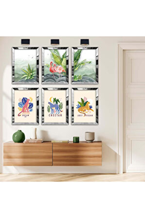 Gold Aynalı Pleksi Çerçeveli Doğada Yaşam Temalı Altılı Mdf Tablo Seti