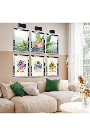 Gold Aynalı Pleksi Çerçeveli Doğada Yaşam Temalı Altılı Mdf Tablo Seti