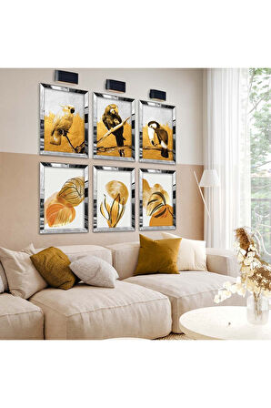 Gümüş Aynalı Pleksi Çerçeveli Papağan Figür Altılı Mdf Tablo Seti