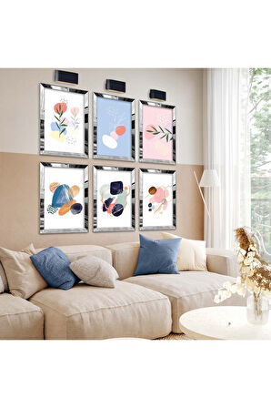 Gümüş Aynalı Pleksi Çerçeveli Soyut Çizim Bitki Desen Altılı Mdf Tablo Seti