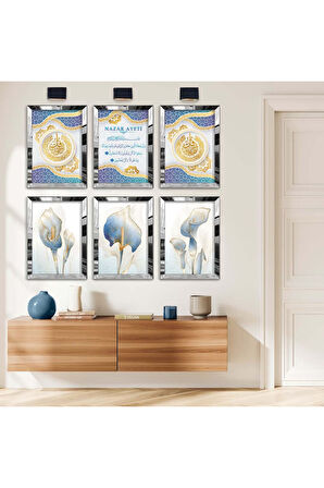 Gold Aynalı Pleksi Çerçeveli Nazar Ayeti Dini Model Altılı Mdf Tablo Seti