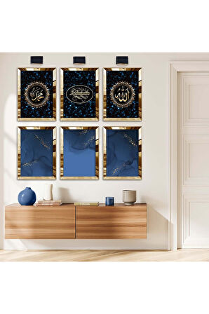 Gümüş Aynalı Pleksi Çerçeveli Mavi Besmele Dini Model Altılı Mdf Tablo Seti